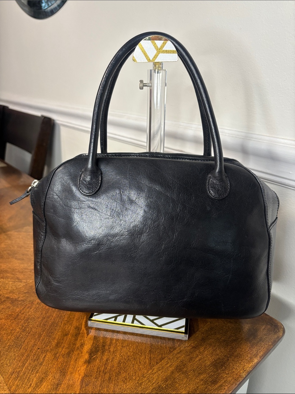 WILSON’S LEATHER Smooth Black Leather Double Top-Handle Satchel with Twilly- EUC - Picture 13 of 16
